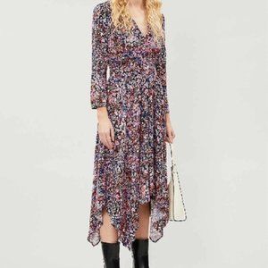 Maje Rayemi Floral Print Midi Dress in Black/Pink L EUC